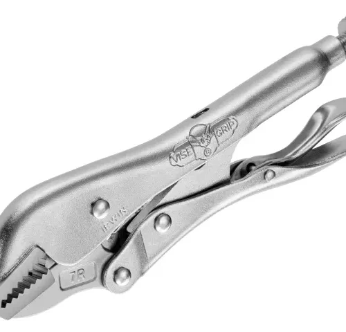 Locking pliers labeled “IRWIN 7R” with curved serrated jaws designed for gripping rounded objects tightly. The tool includes an adjustable screw at the handle base and a built-in quick-release lever for secure clamping and fast disengagement.