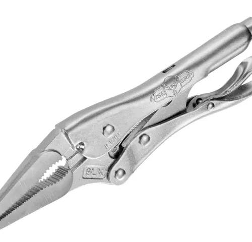 Locking pliers labeled “VISE-GRIP 9LN” featuring long, straight serrated jaws for gripping flat or angled surfaces securely. The handle includes an adjustable screw for tension control and a quick-release lever for easy disengagement.