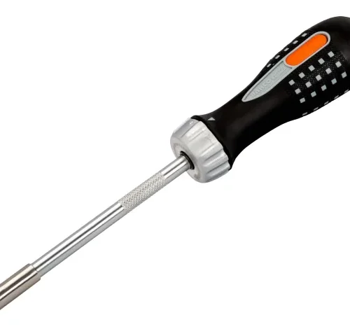 Another angled view of the screwdriver shows the metal shaft and ergonomic handle from a different perspective. The image highlights the tool’s balanced design and grip texture.