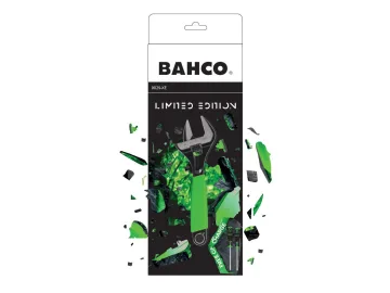 The image shows a Bahco adjustable wrench displayed in branded retail packaging. The packaging features a green-and-black design with a graphic of the tool and the Bahco logo prominently at the top.