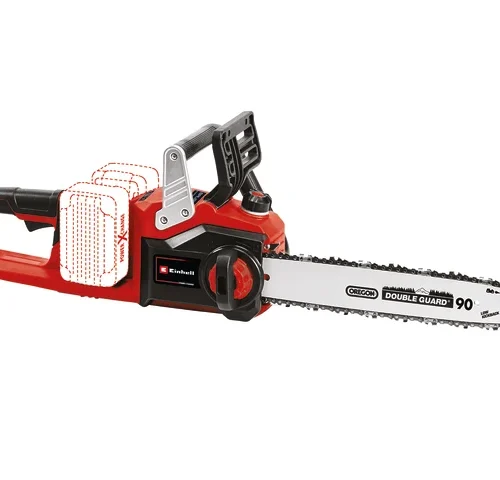 A red cordless chainsaw is shown on a white background with its battery compartment highlighted. The chainsaw features a compact design with a guide bar and chain installed.