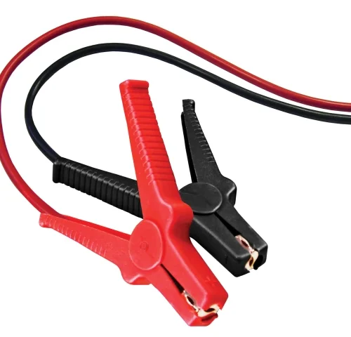 Red and black jumper cable clamps are shown connected to insulated cables. The clamps are designed for vehicle battery charging or jump-starting.