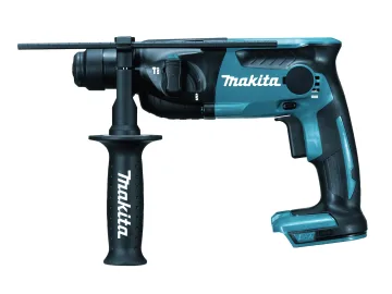Makita cordless rotary hammer drill features a teal and black body with a side handle and depth gauge rod. Designed for drilling into concrete and masonry, it includes ergonomic controls and visible branding.