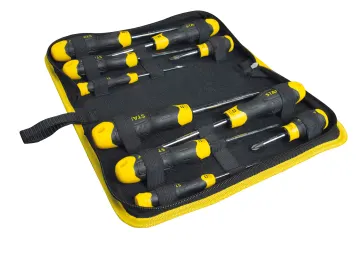 Screwdriver set displayed in a black and yellow zippered case includes various flathead and Phillips tools. Each piece is secured with elastic straps, offering organized portability for repairs and DIY tasks.