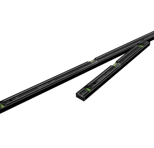 A pair of black spirit levels features green liquid vials for measuring horizontal and vertical alignment. Each level includes multiple bubble indicators set at different angles for precise construction and carpentry use.