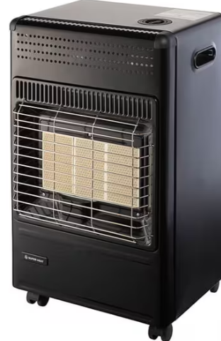 Portable black gas heater with a front-facing ceramic heating element protected by a metal grill. The unit has side handles, caster wheels, and a top circular opening, designed for indoor mobility and radiant heat.