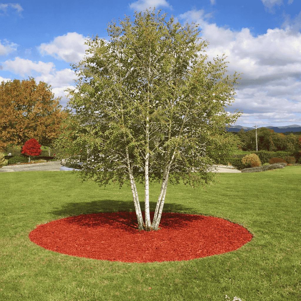 Tree surrounded by red mulch landscaping in a garden area. Mulch helps retain moisture and improve soil health.